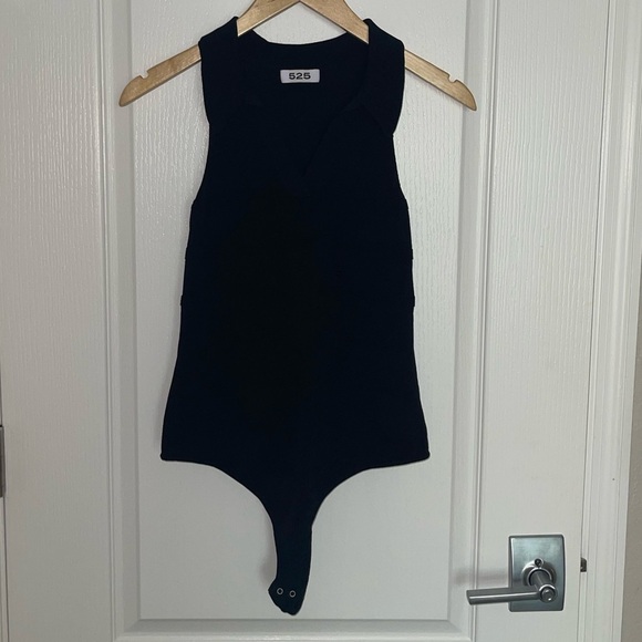 525 AMERICA TONAL JACQUARD POLO BODYSUIT BLACK COLLARED THONG BODYSUIT SMALL - Picture 3 of 8